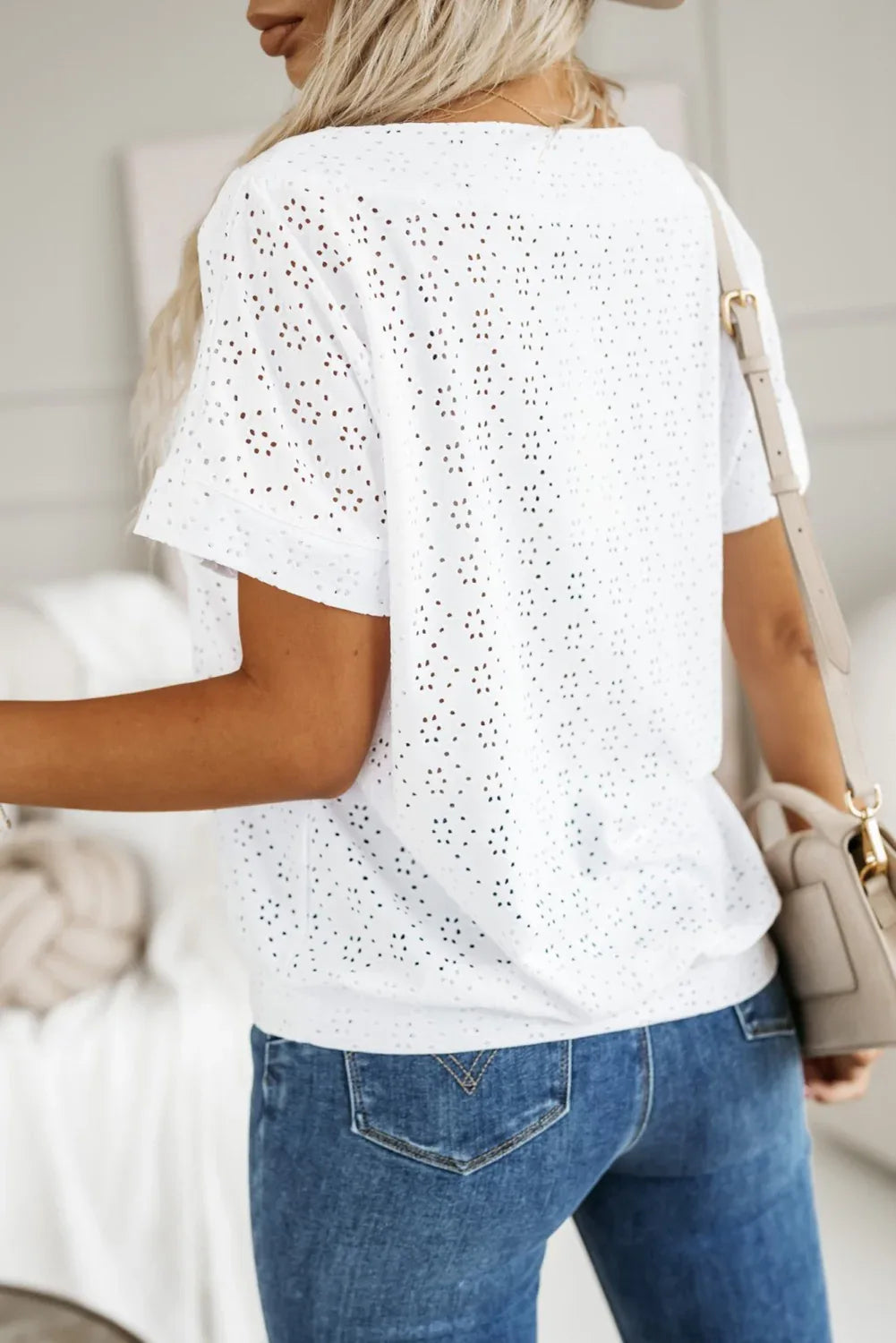 White Eyelet Pattern Boat Neck Casual Tee - MarkoFit
