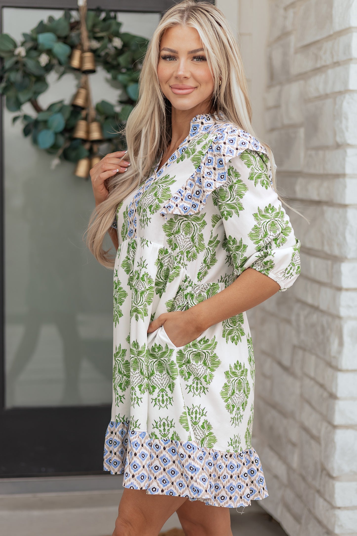 Green Floral Print Contrast Patchwork Ruffle Detail Mini Dress - MarkoFit