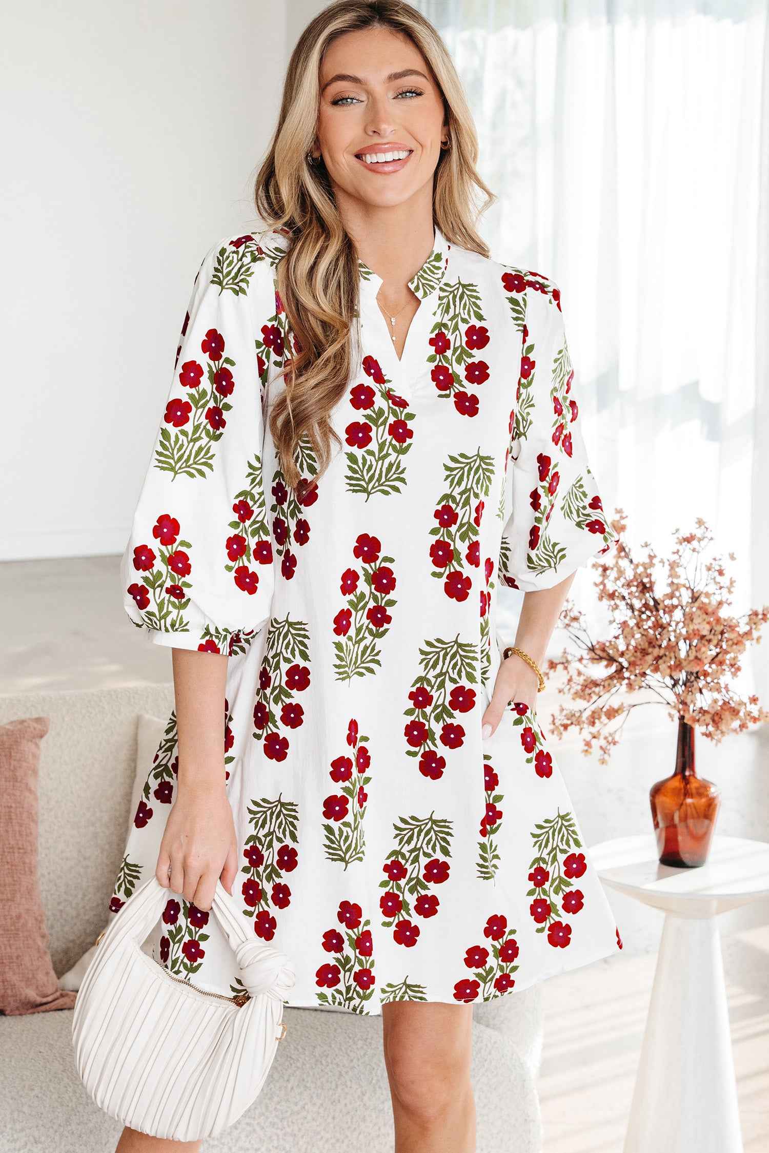 White Floral Print V Neck 3/4 Sleeve Loose Mini Dress