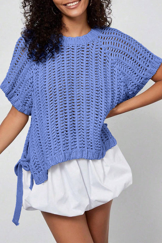 Ashleigh Blue Plus Size Open Knit Bow Tie Short Sleeve Sweater - MarkoFit