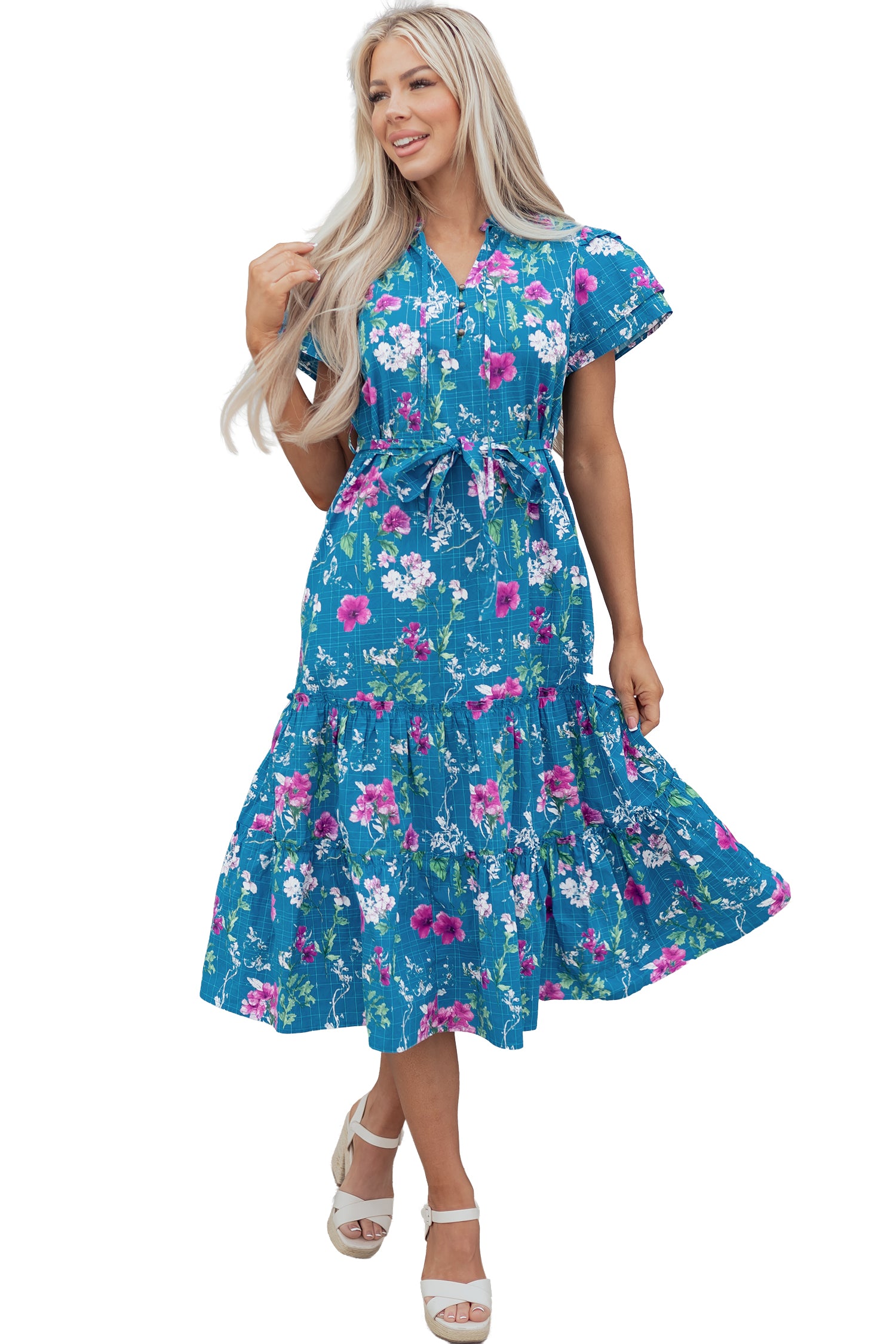 Blue Floral Flutter Sleeve Button Tie Split Neck Belted Long Dress - MarkoFit