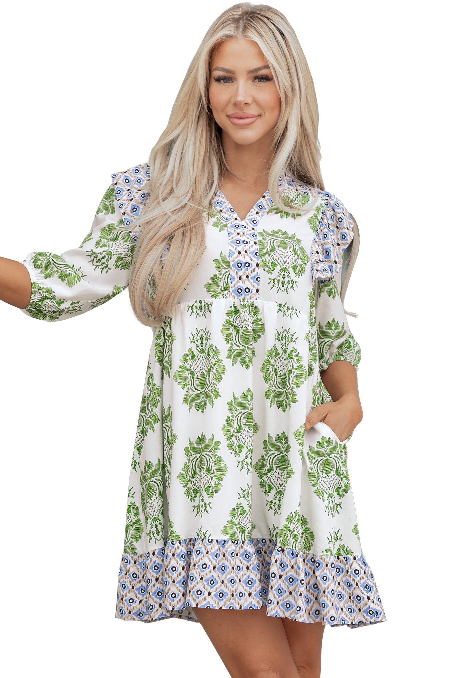 Green Floral Print Contrast Patchwork Ruffle Detail Mini Dress - MarkoFit