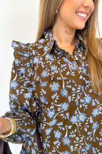 Brown Floral Print Ruffled Detail Shirt Collar Button Down Long Sleeve Dress