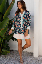 Blue Floral Print Striped Trim V Neck Long Sleeve Ruffle Hem Shift Mini Dress