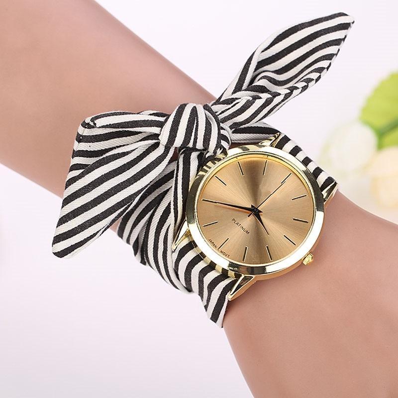 Women Wristwatch Stripe Floral Cloth Band Clock - MarkoFit
