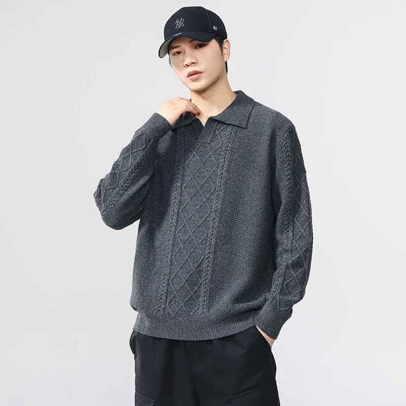 Solid Color Casual Turn-Down Collar Knit Sweater Men Loose Fit Sweater - MarkoFit