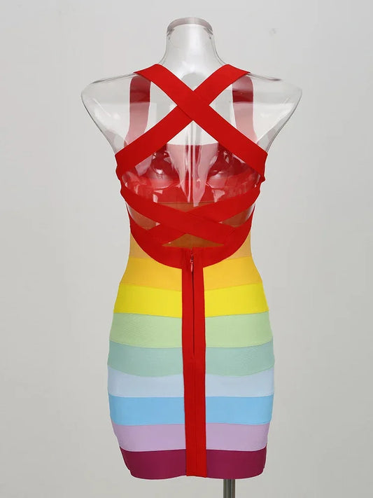Hit Color Dresses For Women Square Collar Sleeveless Pullover Rainbow Elegant Mini Dress Female Fashion Clothes New - MarkoFit