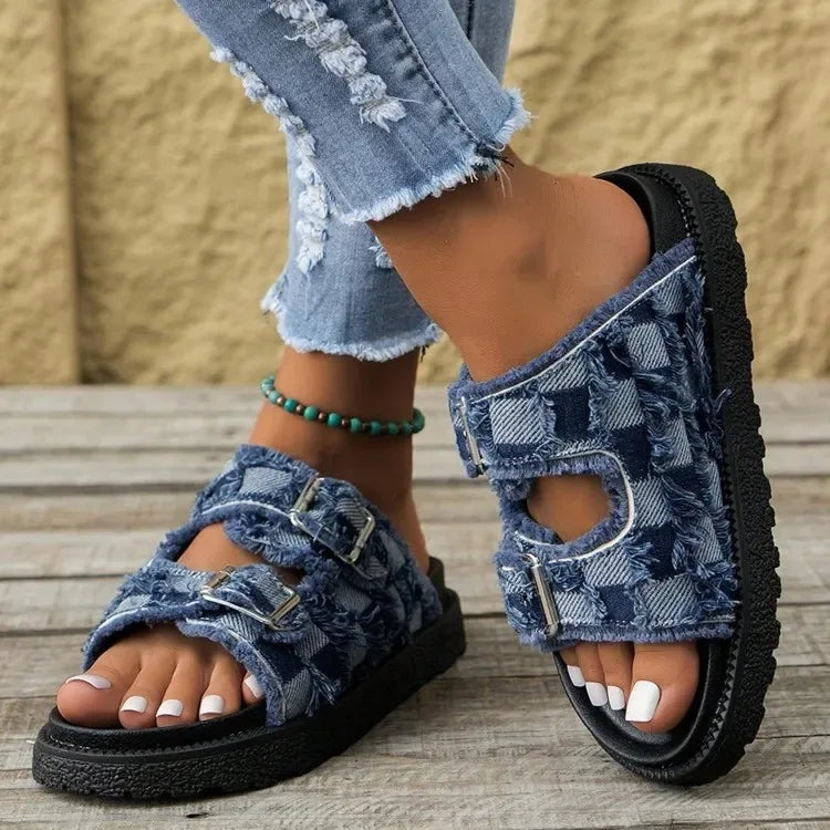 Raw Edge Checkered Cloth Buckle Sandals - MarkoFit