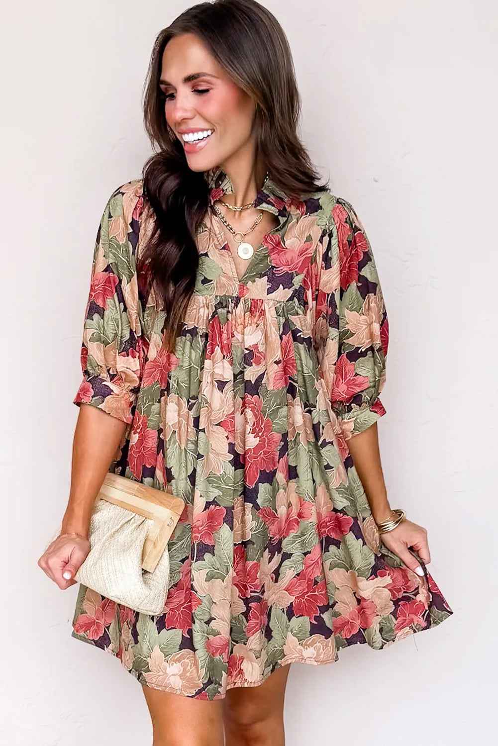 Green Floral Print Frilled Collar V Neck Half Sleeve Mini Dress
