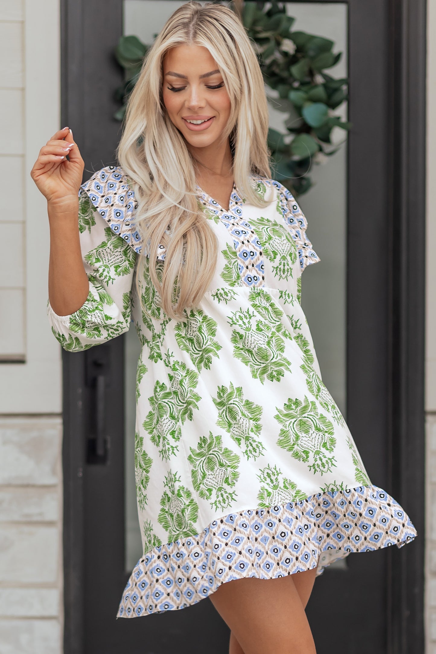 Green Floral Print Contrast Patchwork Ruffle Detail Mini Dress - MarkoFit
