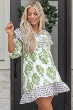 Green Floral Print Contrast Patchwork Ruffle Detail Mini Dress - MarkoFit