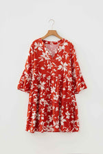 Red Boho Floral Print Lettuce Trim 3/4 Sleeve Mini Dress