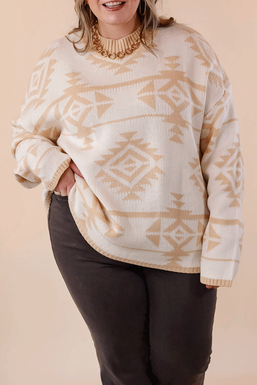 Apricot Plus Size Western Aztec Print Loose Sweater - MarkoFit