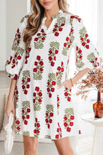 White Floral Print V Neck 3/4 Sleeve Loose Mini Dress
