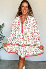 Pink Floral Print Contrast Trim Frilled Neck Long Sleeve Flared Dress