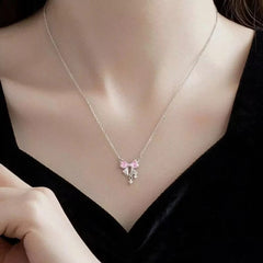 Sweet Pink Bow Necklace Ladies Fashion Sparkling Rhinestone Star
