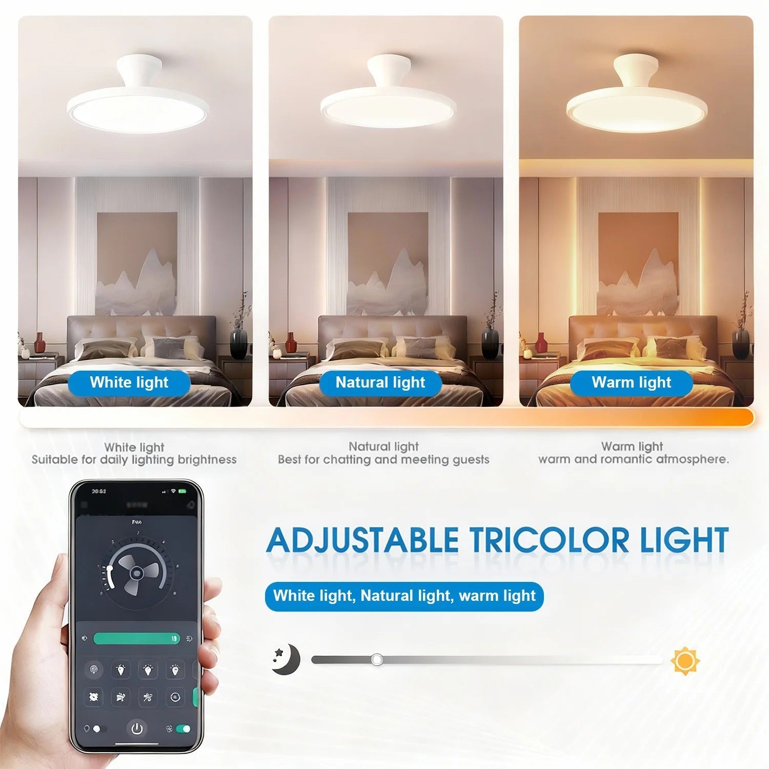 Jelena Invisible Fan Light with 3 Retractable Blades Bedroom Living Room