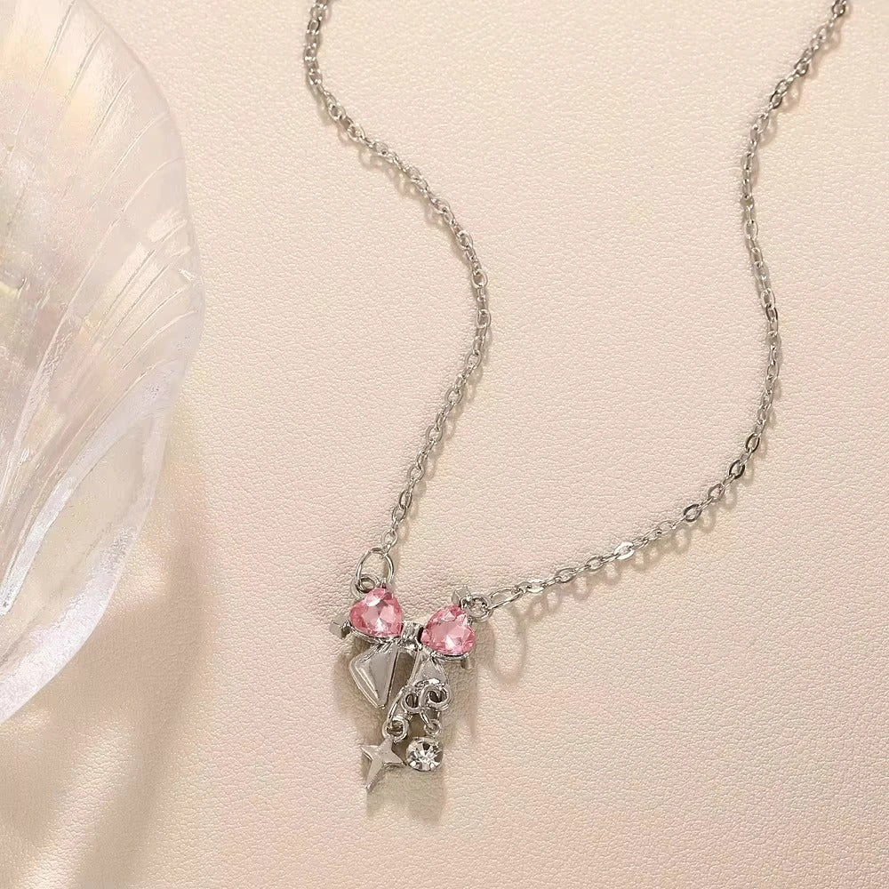 Sweet Pink Bow Necklace Ladies Fashion Sparkling Rhinestone Star