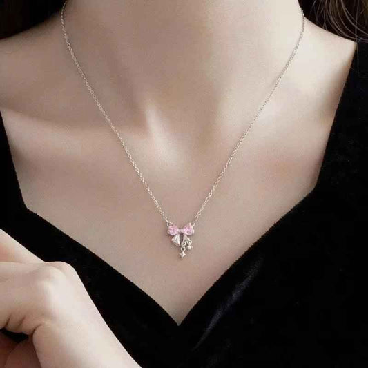 Sweet Pink Bow Necklace Ladies Fashion Sparkling Rhinestone Star - MarkoFit