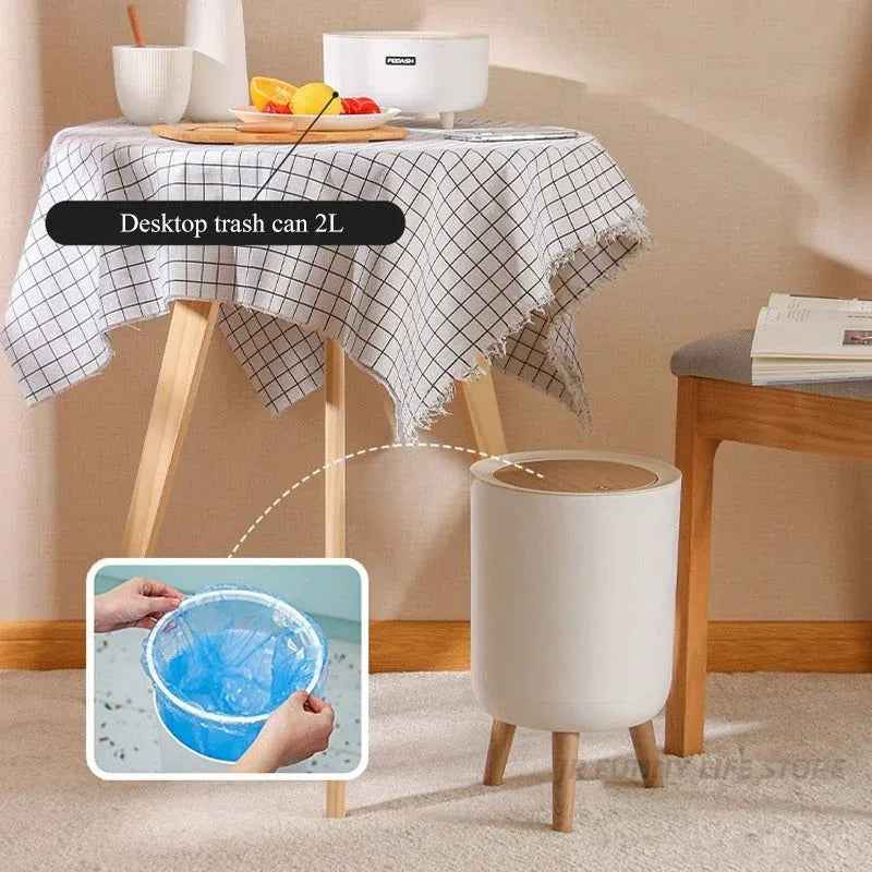 Wooden High Foot Trash Can For Bathroom Creative Kitchen - MarkoFit